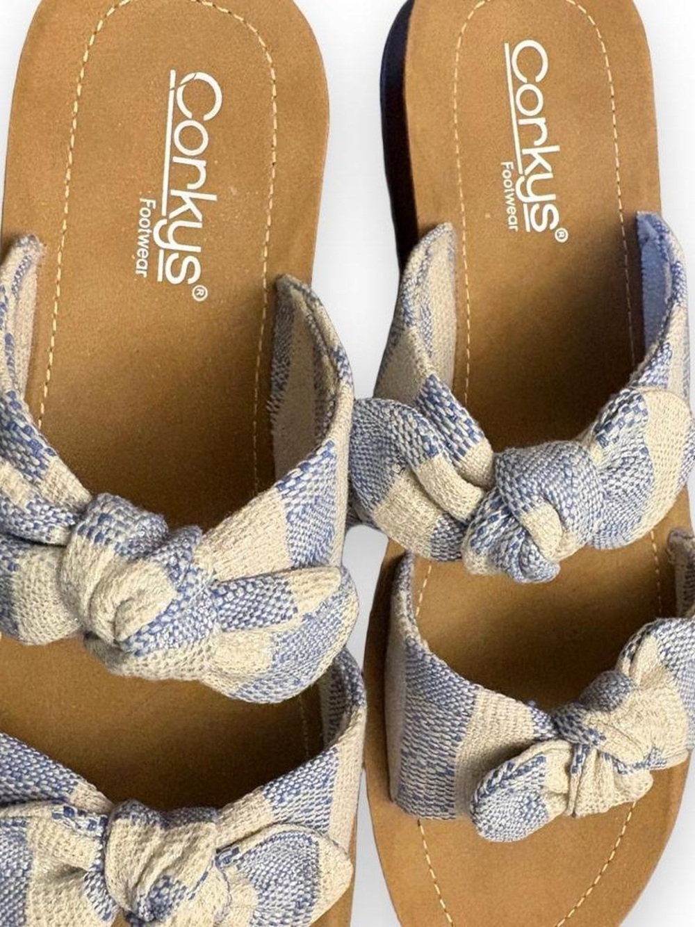 Corkys Knotted Double-Strap Slide Sandals in Blue & Cream